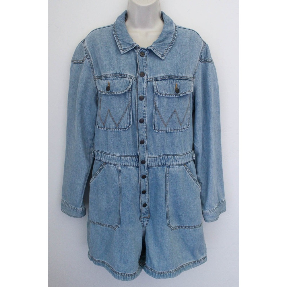 Wrangler Denim Shorts Romper Womens XL Light Wash Long Sleeve Snap Button Up